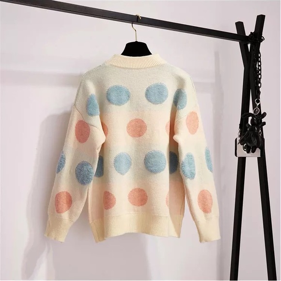 Polka dot sweater cream yellow long sleeve blue pink dots cute top - Picture 4 of 4
